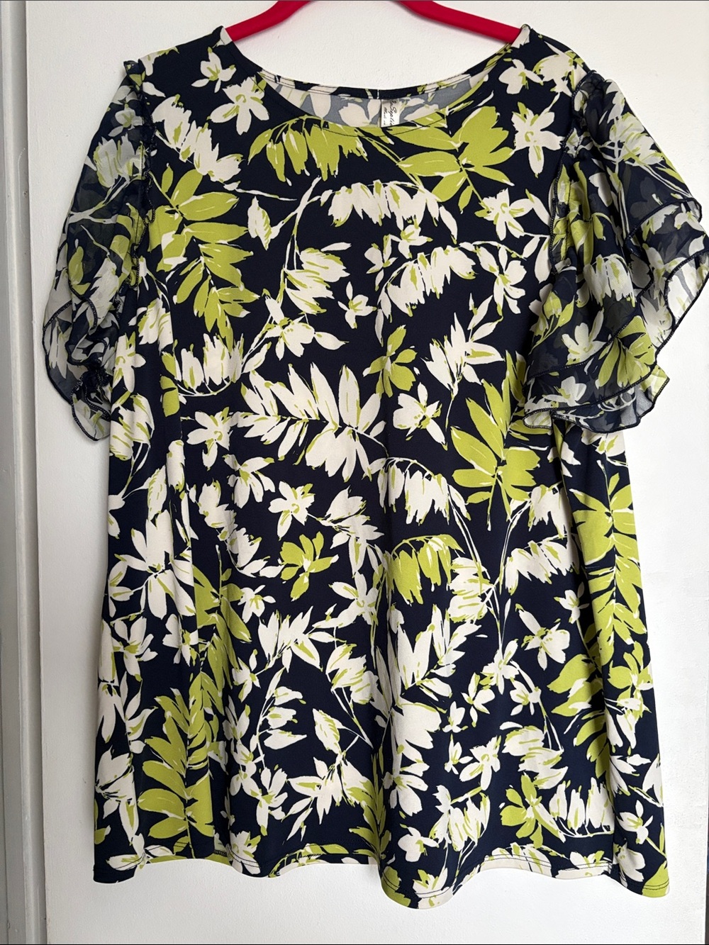 Women's Navy Floral Long-Sleeve Dress with Lime and White Print
